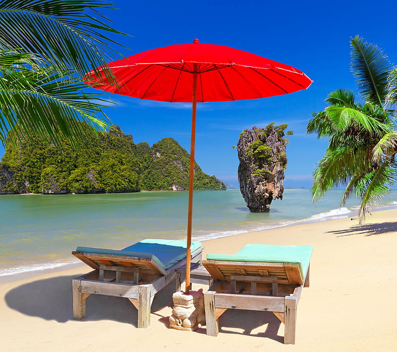 Thailand, beach, island, ocean, palm, sea, HD wallpaper