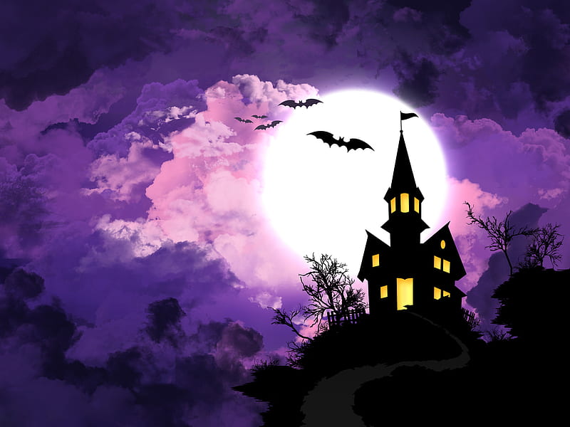 Purple night, moon, castle, halloween, night, HD wallpaper