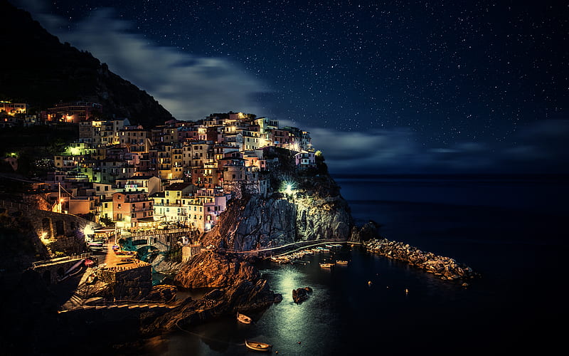 Manarola, nightscapes, sea, harbor, Cinque Terre, Italy, Europe, HD wallpaper