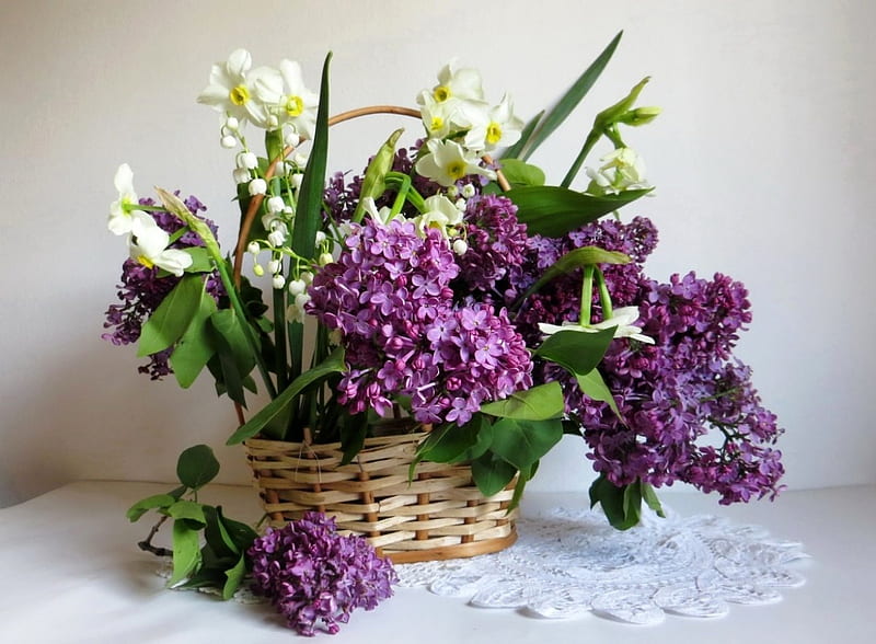 Flower Mix, lily of the valley, still life, basket, daffodils, lilacs, HD wallpaper