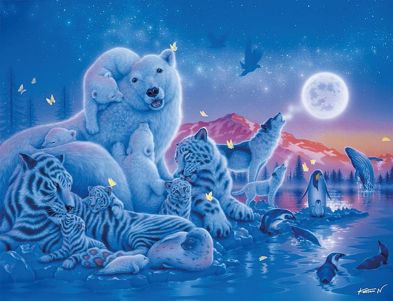 Moonlight, penguin, tiger, animal, fantasy, moon, painting, pink, pictura, polar bear, blue, night, art, arctic, moon, luminos, winter, water, whale, cub, wolf, HD wallpaper