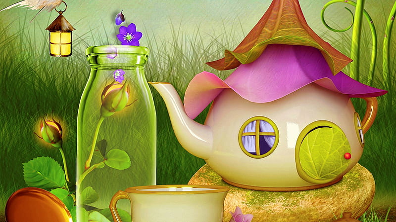 Teapot house, house, lantern, luminos, bottle, glass, fantasy, green, flower, tepot, pink, HD wallpaper
