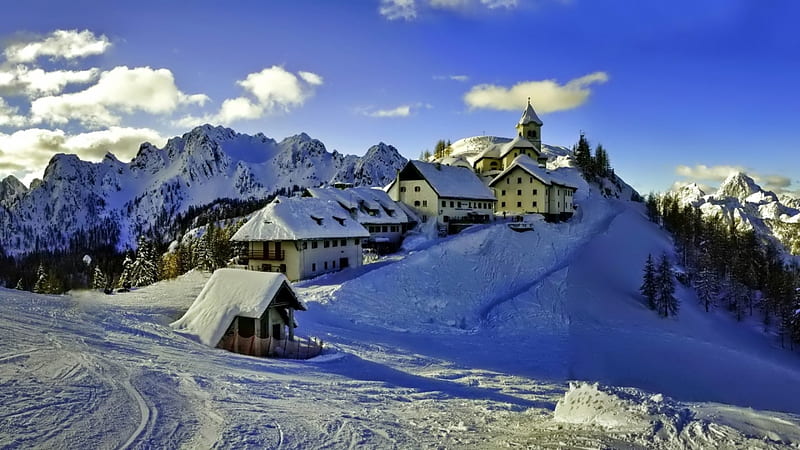 religious mountain retreat in winter, mountain, retreat, religious, church, sky, HD wallpaper