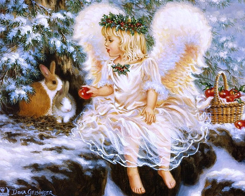 Winter Cherub, wings, squrrel, snow, angel, apples, child, cherub, winter, HD wallpaper