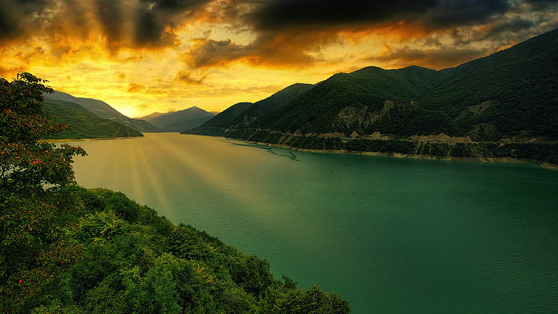 Zhinvali Reservoir Georgia , lake, sunset, sunrise, nature, HD wallpaper