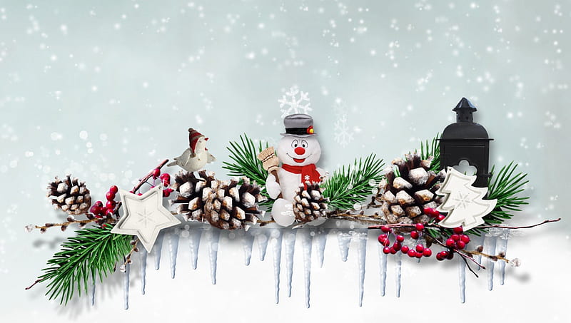 Christmas Noel, Christmas, Feliz Navidad, New Years, cones, stove, snowman, icycles, winter, bird, berries, snowflakes, HD wallpaper