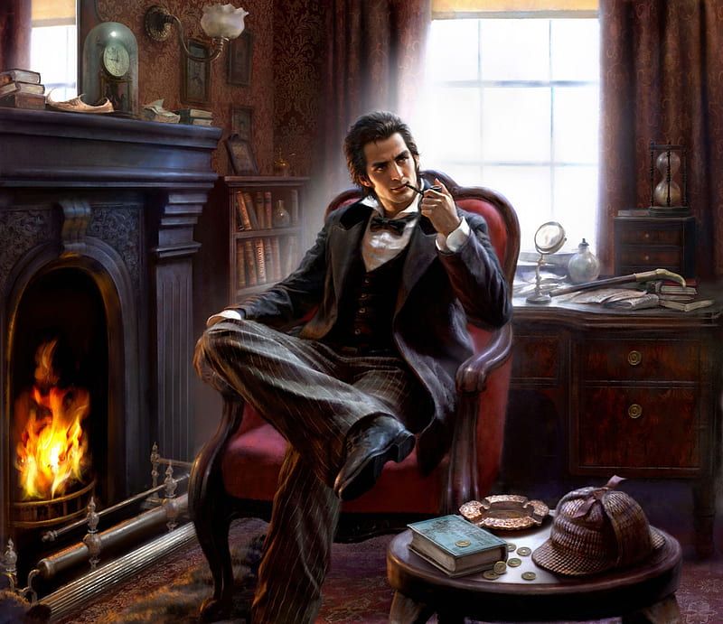 Sherlock Holmes, fantasy, man, room, alon chou, HD wallpaper