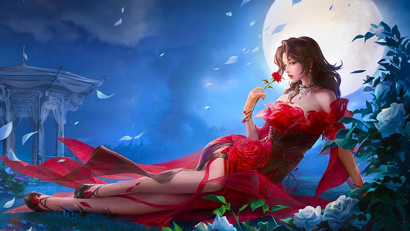 Lady in Red, art, fantasy, , girl, red dress, woman, beautiful, rose, digital, moon, lamamake, HD wallpaper