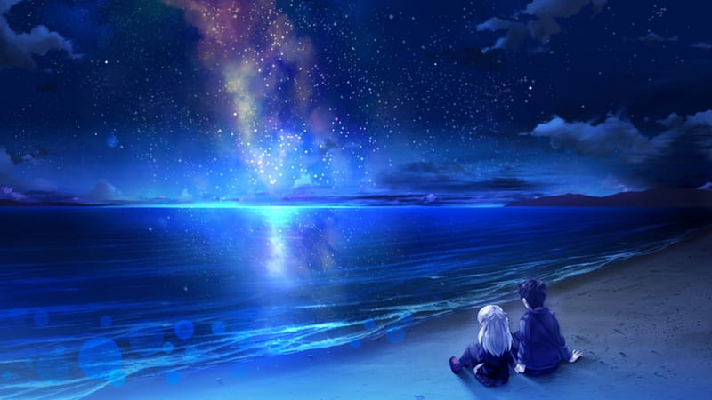 Night Sea, pretty, glow, bonito, sea, sweet, beach, nice, anime, beauty ...