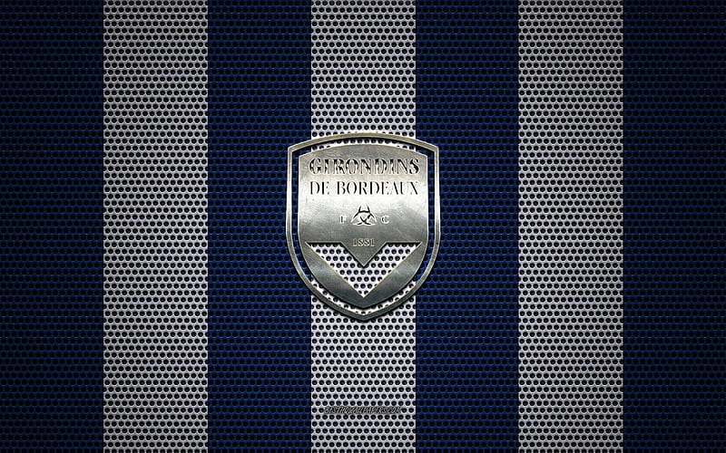 FC Girondins de Bordeaux logo, French football club, metal emblem, blue white white metal mesh background, FC Girondins de Bordeaux, Ligue 1, Bordeaux, France, football, HD wallpaper