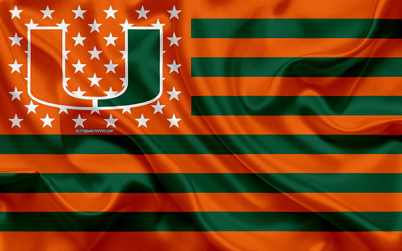 Miami Hurricanes, American football team, creative American flag, orange-green flag, NCAA, Miami Gardens, Florida, USA, Miami Hurricanes logo, emblem, silk flag, American football, HD wallpaper