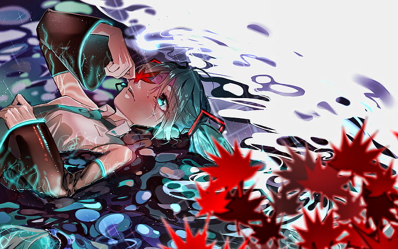 Hatsune Miku under rain, Vocaloid Characters, kimono, manga, Hatsune Miku, puddles, Vocaloid, Miku Hatsune, HD wallpaper