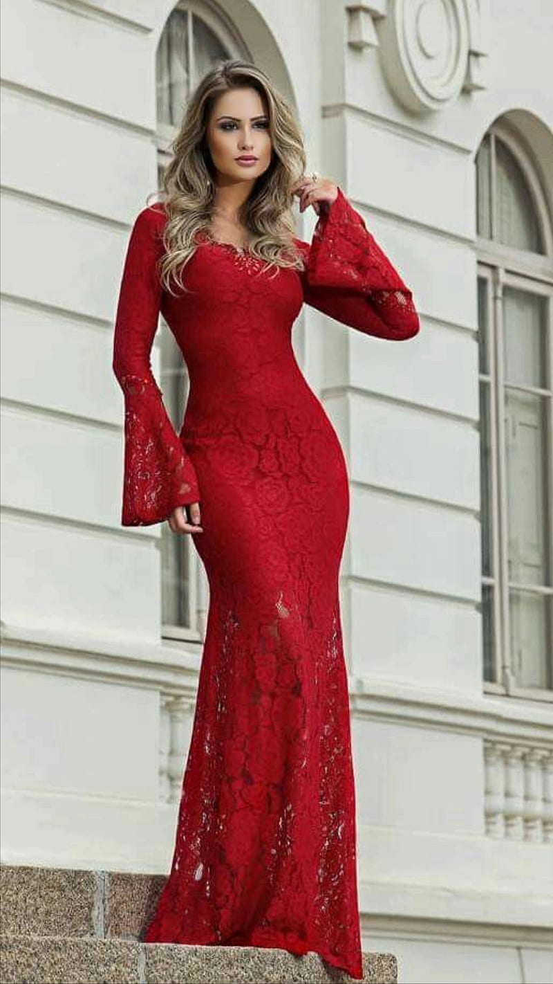 Red, bonito, beauty, charming, crochet dress, elegant, gorgeous, red dress, tall dress, HD phone wallpaper