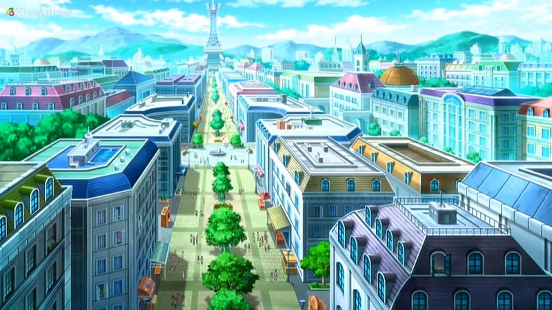Lumiose City, pretty, house, scenic, plant, home, pokemon, bonito, sweet, nice, city, anime, tower, beauty, scenery, stree, lovely, town, sky, building, tree, scene, HD wallpaper