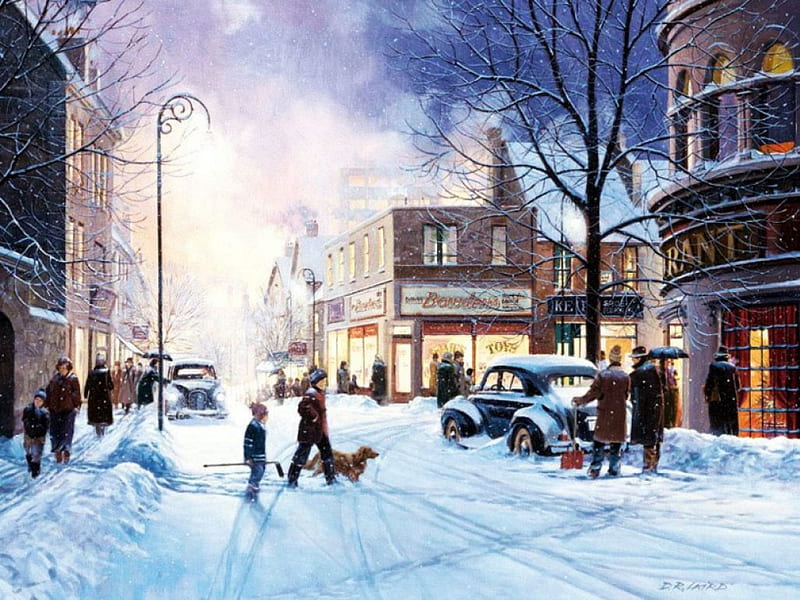 Winter Evening, restaurant, snow, people, car, painting, street, artwork, HD wallpaper