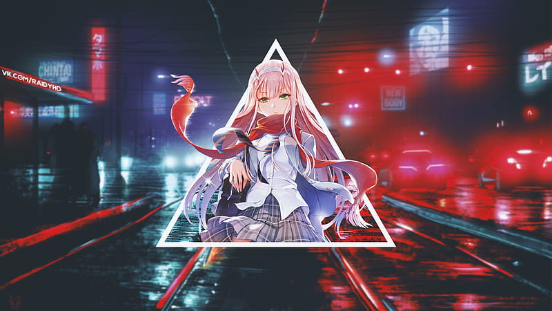 Darling In The FranXX Zero Two Hiro Zero Two On Center Of Road Like In A Triangle Line With Background Of Red Lights And Cars Anime, HD wallpaper
