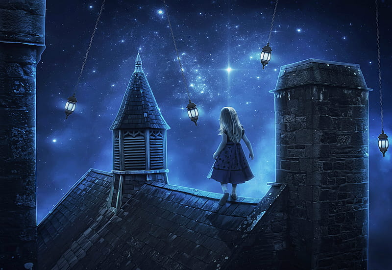 Lunatic, stars, roof, luminos, apanyadng, fantasy, girl, blue, night, HD wallpaper