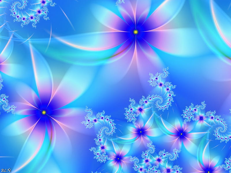 ❀..BLUE DREAMS..❀, pretty, colorful, glow, chic, dazzling, creations, bonito, digital art, sweet, sparkle, leaves, 3D, splendor, love, flowers, fractal art, pollen, blooms, light, florals, lovely, blue dreams, colors, abstract, cute, cool, raw fractals, shines, blossoms, petals, imagination, HD wallpaper