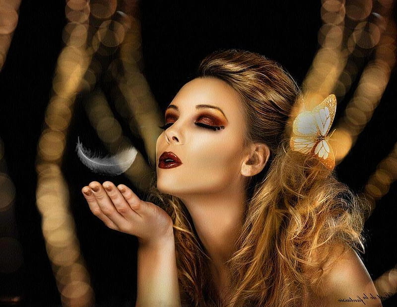 A Kiss for You, blond, bonito, magic, woman, make-up, kiss, hair, gold, butterfly, tenderness, feather, love, beauty, beautiful lady, female, feeling, model, golden, fingers, lovely face, blowing kisses, makeup, kisses, lady, HD wallpaper