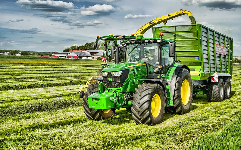 John Deere 6155R, harvesting hay, 2019 tractors, 6R Series Tractor, agricultural machinery, harvest, green tractor, R, agriculture, tractor in the field, John Deere, HD wallpaper