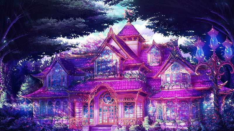Wonderful house, forest, fantasy, house, lovely, purple, HD wallpaper