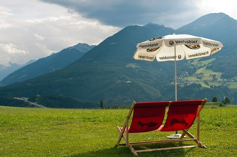Deck chair, grass, mountains, umbrella, sunny, HD wallpaper