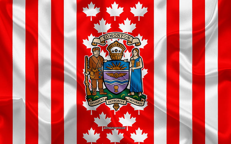 Coat of arms of Edmonton, Canadian flag, silk texture, Edmonton, Canada, Seal of Edmonton, Canadian national symbols, HD wallpaper