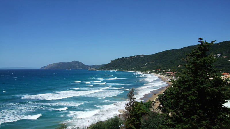 Corfu, greece, mediterranean, ocean, waves, sea, beach, agios, nature, blue, HD wallpaper