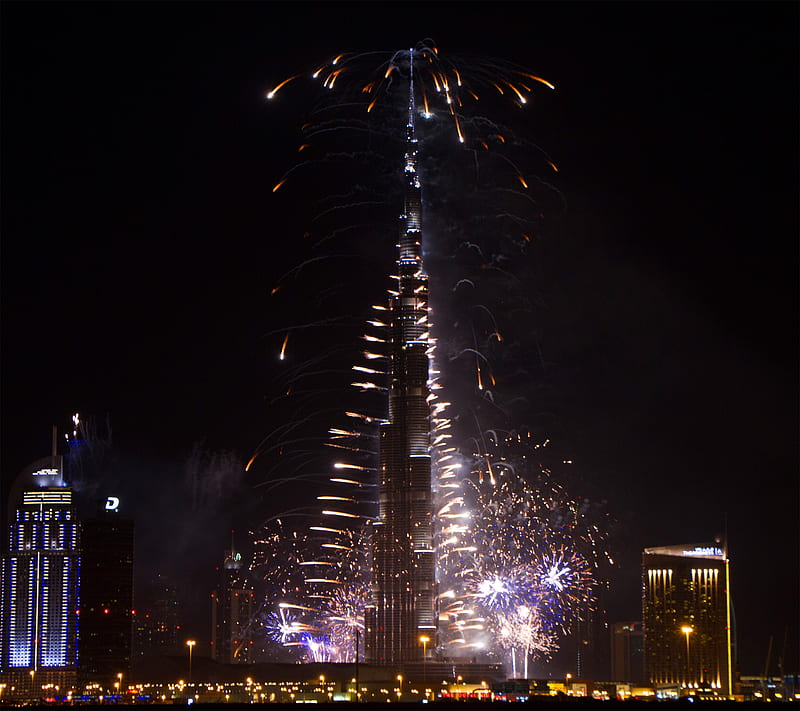 Burj Khaleefa, dubai, fire work, new year, HD wallpaper