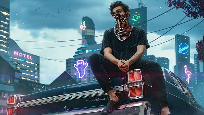 Urban Boy Sitting On Car , mask, artist, artwork, digital-art, HD wallpaper