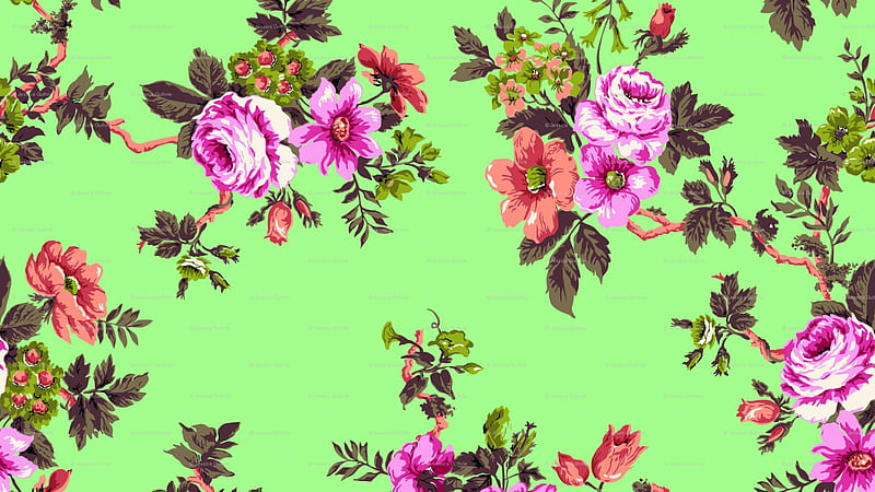 Colorful Flowers With Leaves In Green Background Spoonflower Spoonflower, HD wallpaper
