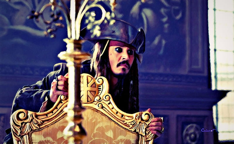 Johnny Depp as Jack Sparrow, poster, art, movie, oil, golden, man, by cehenot, fantasy, painting, Jack Sparrow, Pirates of the Caribbean, actor, Johnny Depp, blue, HD wallpaper