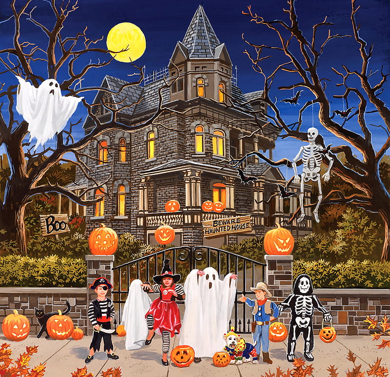 Beware Haunted House F, art, skeleton, jack o lanterns, holiday, bonito, illustration, artwork, October, ghosts, painting, wide screen, occasion, Halloween, HD wallpaper