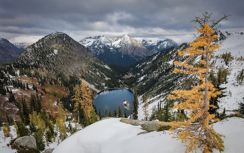 mountain lake, winter, mountains, forest, USA, mountain landscape, United States, Washington, HD wallpaper