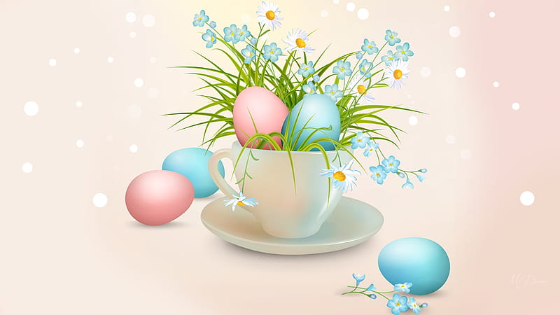 Easter Eggs in Tea Cup, Easter eggs, china, spring, floral, daisies, forget me nots, cup, eggs, flowers, Firefox Persona theme, HD wallpaper