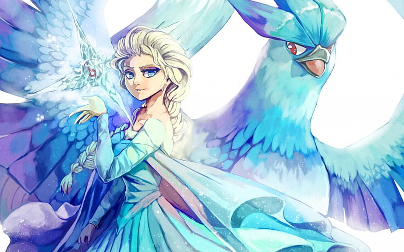 Ice Queen, birs, pretty, dress, queen, pokemon, bonito, magic, lights, animal, sweet, nice, fantasy, anime, beauty, anime girl, long hair, blue eyes, female, glowing, elsa, smile, blonde hair, Articuno, cute, cool, ice, awesome, frozen, pony tail, red eyes, HD wallpaper