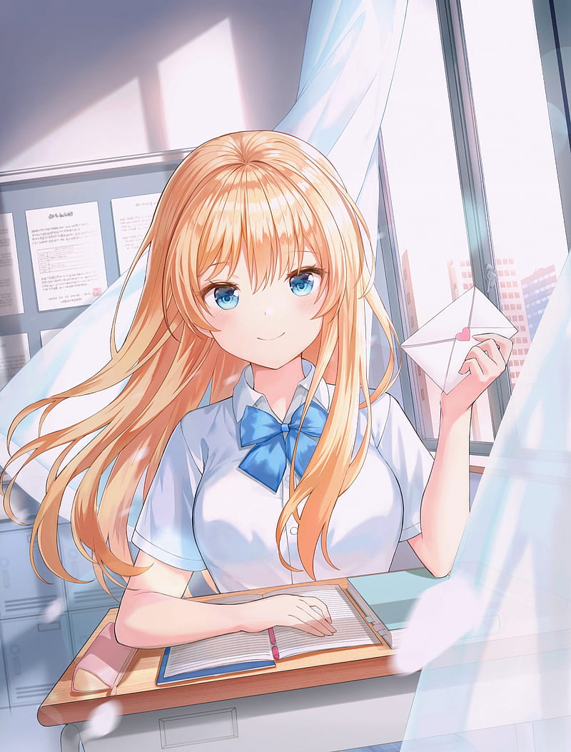 beautiful anime girl, blonde, school uniform, letter, long hair, Anime, HD phone wallpaper