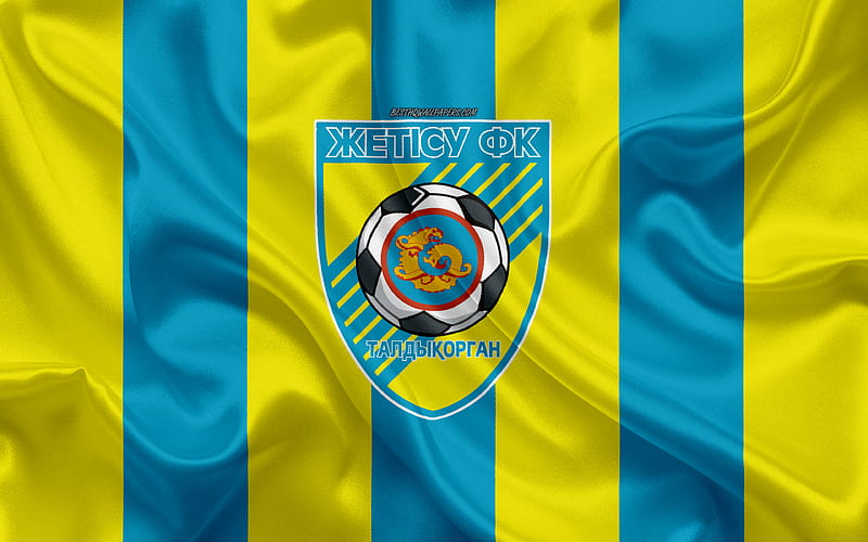 FC Zhetysu Taldykorgan Kazakh football club, yellow blue flag, silk flag, Kazakhstan Premier League, Taldykorgan, Kazakhstan, football, Zhetysu FC, HD wallpaper