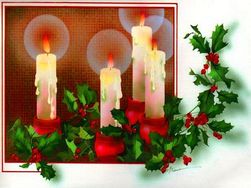 The glow of Christmas, Christmas, red, green, holly, candles, HD wallpaper