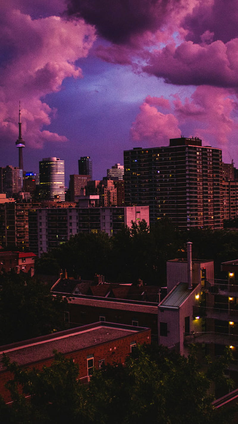 016, city, clouds, dark, night, pastel, purple, sky, storm, view, HD phone wallpaper