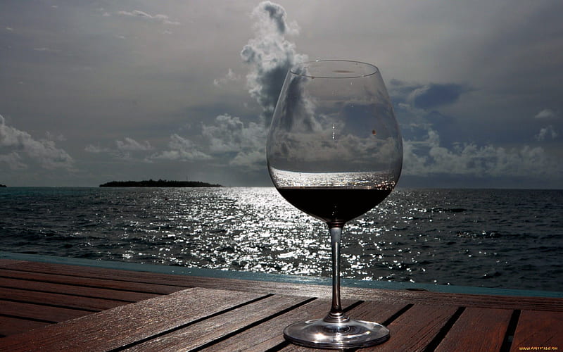 Wine glass, graphy, drink, sky, sea, HD wallpaper