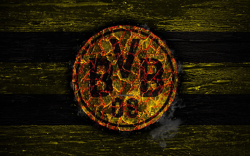 Borussia Dortmund FC, fire logo, Bundesliga, BVB, german football club, grunge, football, soccer, logo, Borussia Dortmund, wooden texture, Germany, HD wallpaper