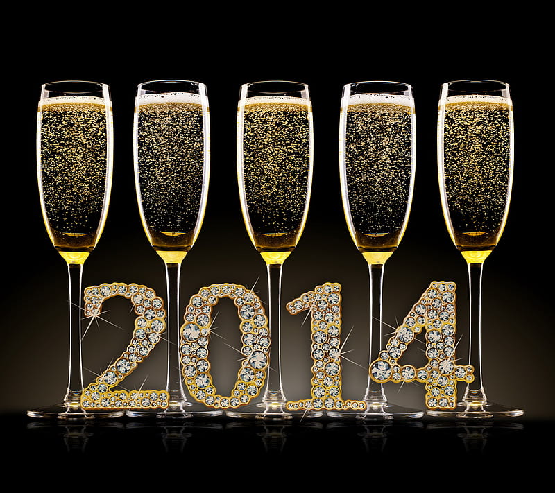 Happy New Year 2014, champagne, diamomds, gold, new year, HD wallpaper