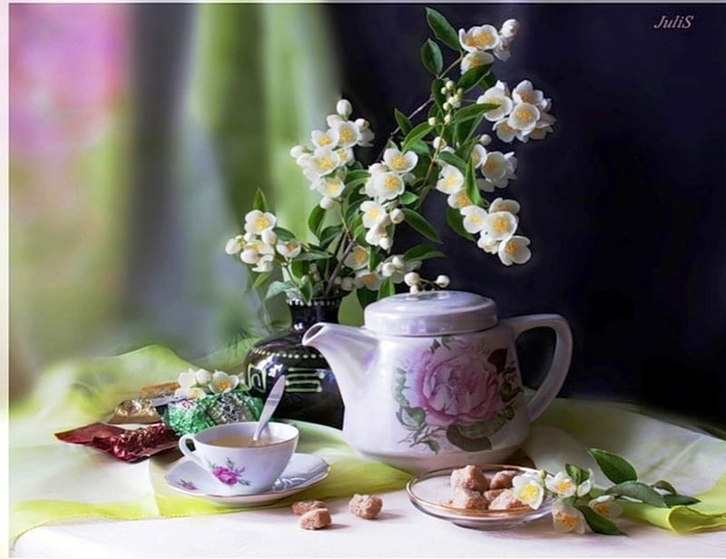 Smelling of jasmine, candy, smelling, one unmistakable, graohy, fragrance, abstract, teatime, tea, sweet, jasmine, still life, cup, flowers, drink, kettle, white, HD wallpaper