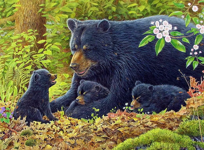 Mother Bear, forest, predator, painting, cubs, bears, artwork, HD ...