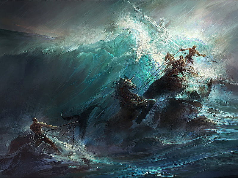 Dehong He's Art, art cg, ocean, horse, sea, apocalypse, fantasy, water, people, aqua, legend, dehong he, god, blue, HD wallpaper