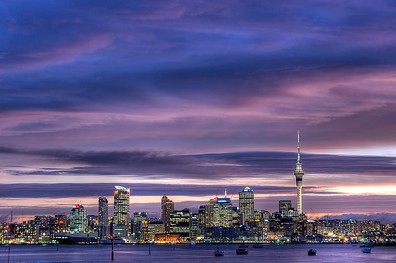 Auckland In the Pink, new zealand, city, skytower, harbour, auckland, sky, nz, HD wallpaper