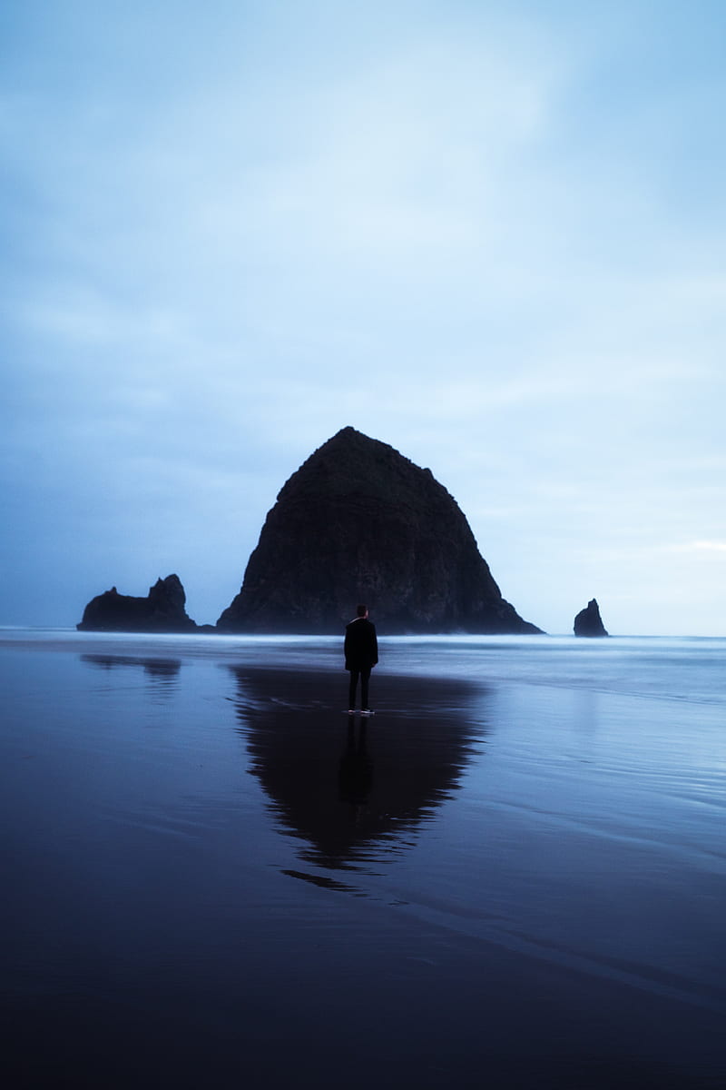 beach, rocks, sea, man, loneliness, HD phone wallpaper
