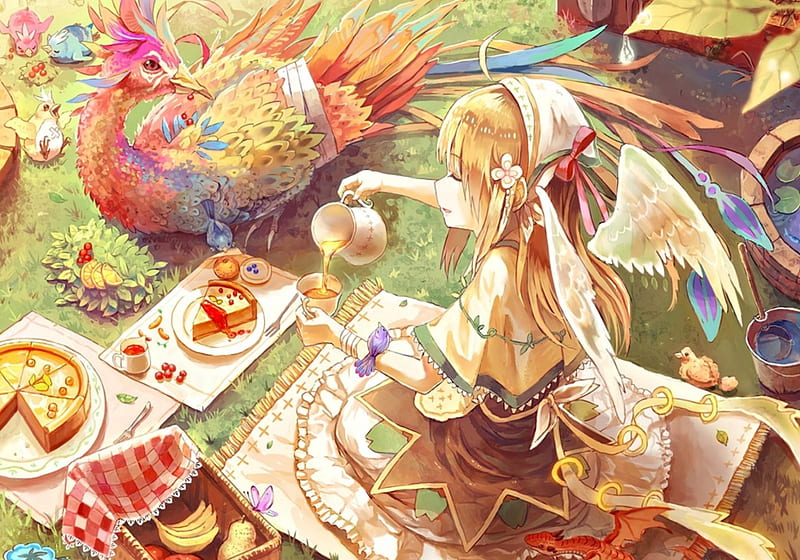 Picnic with friends, cake, orange, dragon, picnic, tea, anime, feather, drink, pie, pink, art, wings, phoenix, food, angel, manga, girl, bird, pixiv, HD wallpaper