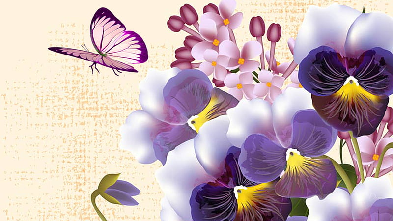 Pansies Butterfly, faces, butterfly, summer, pansies, flowers, garden, spring, Firefox Persona theme, HD wallpaper